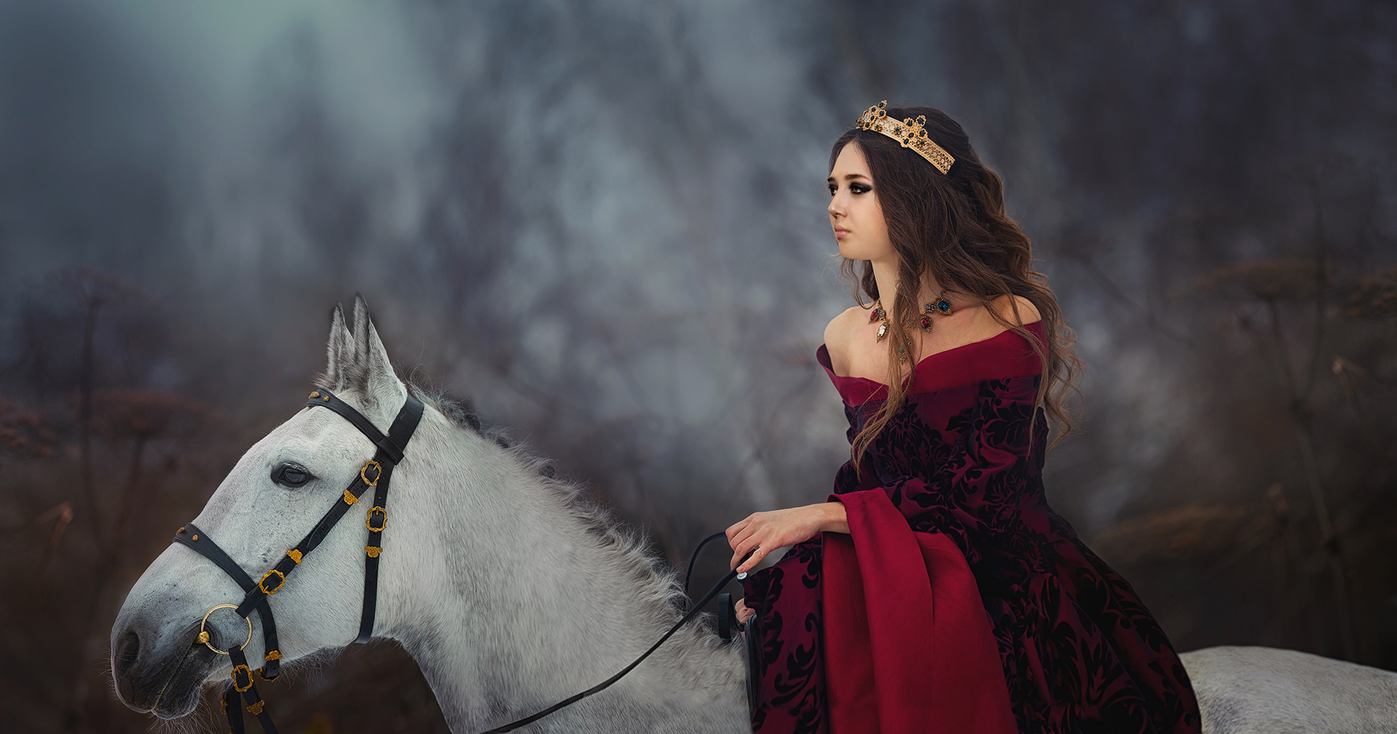 Medieval,Queen,On,White,Horse,At,Twilight,Winter,Forest
